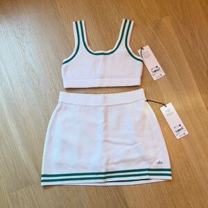 ALO Yoga White Knit Top and Skirt with Green Stripe